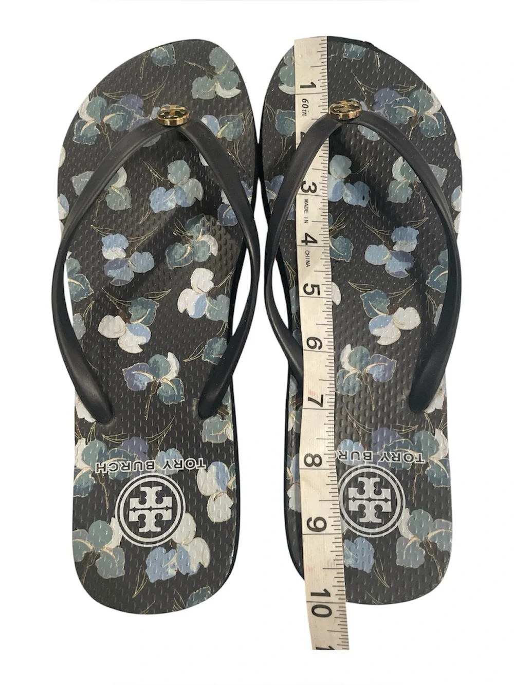 Tory Burch Thin Flip Flops Navy Blue Floral with Gold T Medallion Size 10